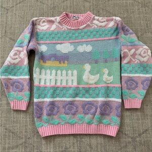 COPY - Vtg 90's Nostalgia Duck Rose Fence Glitter pastel sweater by Rose